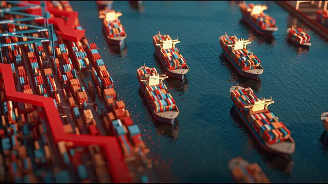 Decreasing trade volume concept with cargo ship and downward pointing arrow, shipping port