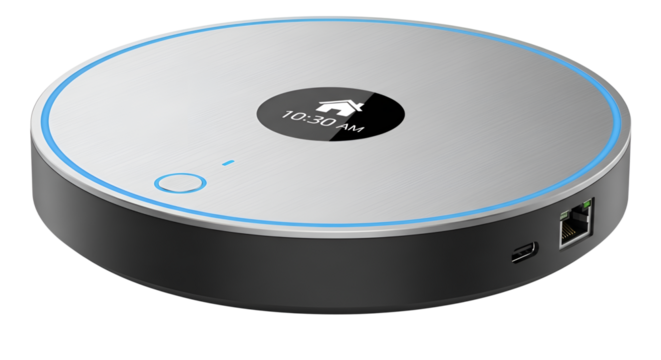 Round conference call speaker with digital display showing 10:30 AM isolated PNG with Transparent Background