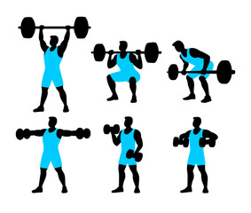 Silhouette of Man Lifting Weights for Fitness Set Collection Simple Illustration