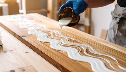 Pouring White Resin On Wooden Table