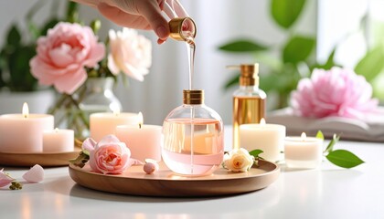 Hand Pouring Liquid Into Pink Bottle Surrounded By Candles And Roses