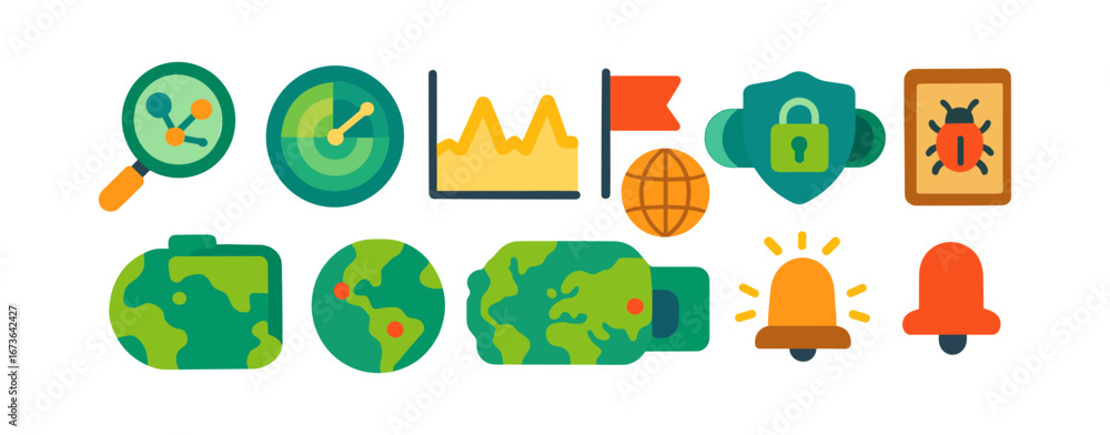 Poster security and data flat icon set. global protection, network monitoring icons collection