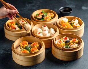 Assorted Dim Sum In Wooden Steamer Baskets