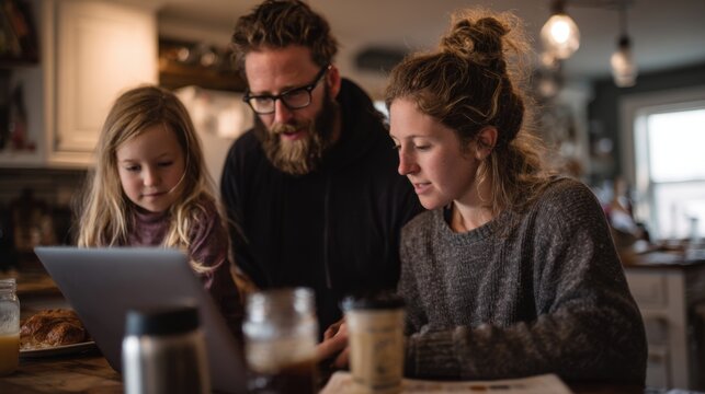 A family of three interacts with a tablet at home. The father has a beard and glasses, the mother has long hair, and the daughter is a young girl with blonde hair. - Powered by Adobe