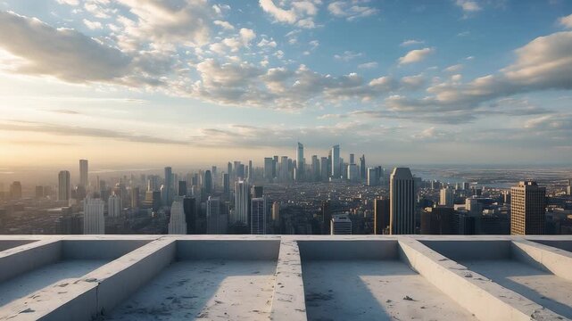 City skyline view of tall skyscrapers under dramatic sky with sunlight shining over urban architecture from a modern rooftop perspective