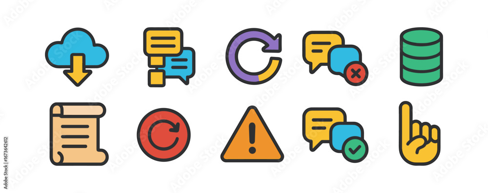 Aufkleber communication and data flat icon set. messaging, cloud, database symbols collection