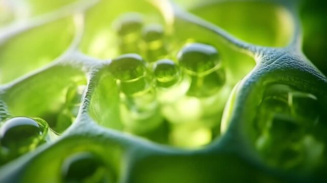 Extreme close-up of green plant cells under microscope, Microscopic view of chloroplasts inside plant tissue, Detailed biology background showing plant cell structure
