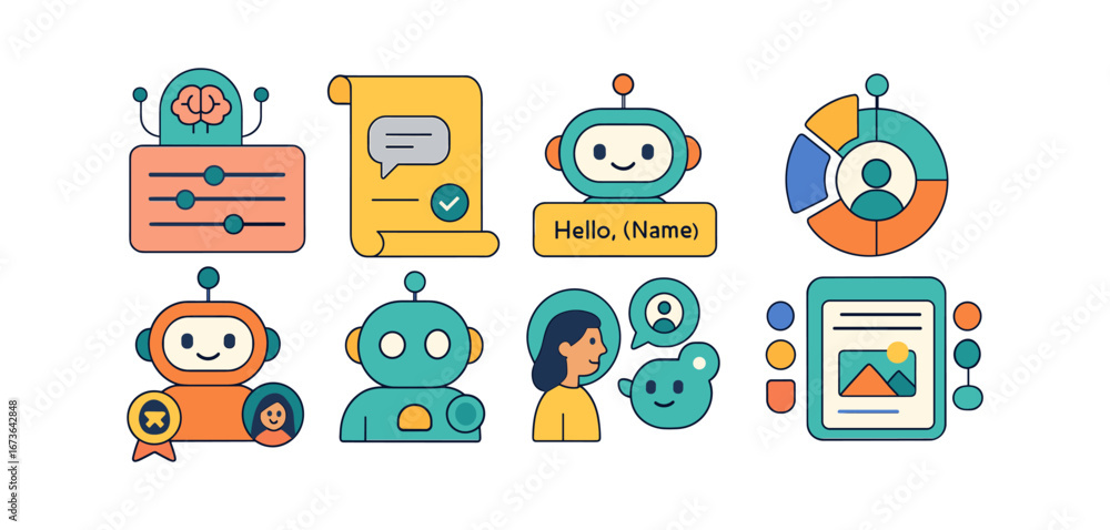 Poster ai, data analysis flat icon set. machine learning, robotics icons flat collection