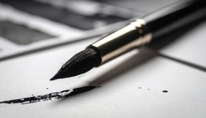 Close Up Black Paintbrush On Paper