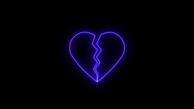 Glowing neon broken-heart icon isolated blue on black background. Animation icon of a broken and blue heart 4k on black background. broken line heart divorce icon