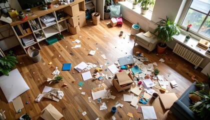Messy Home Interior With Cluttered Floor