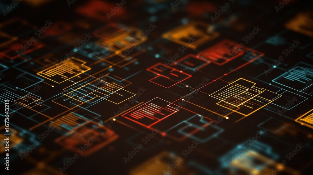 Poster abstract network grid with files and folders, futuristic software interface, digital document manage