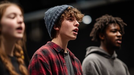 A group of diverse teenagers singing together. A young Caucasian boy with curly hair and a beanie, a young Asian girl with braided hair, and a young African American boy in a hoodie.