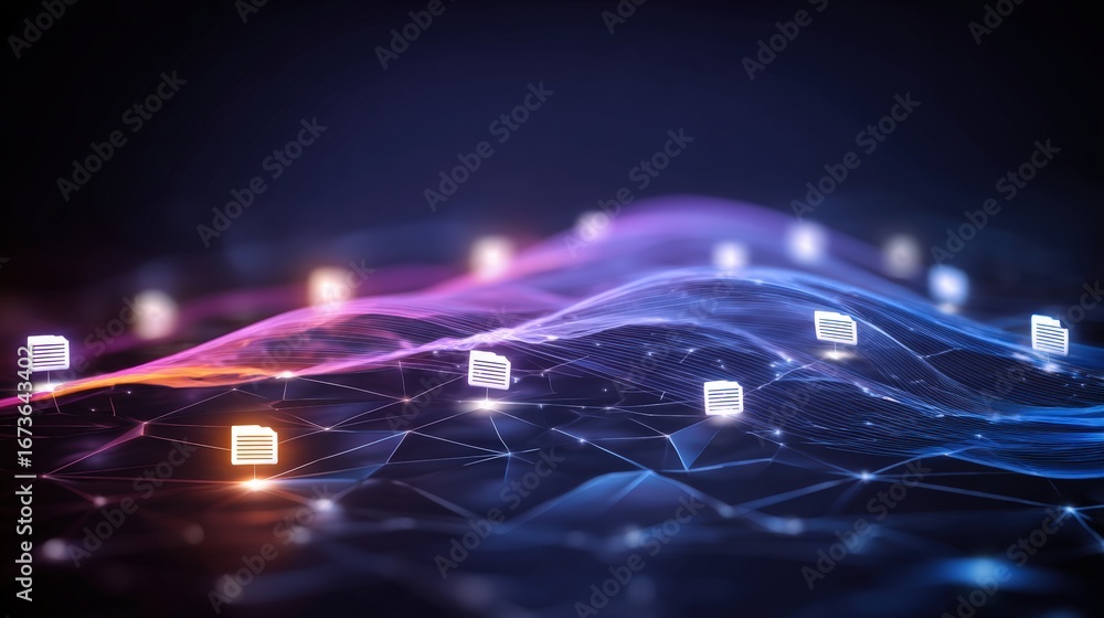 Poster abstract network grid with files and folders, futuristic software interface, digital document manage