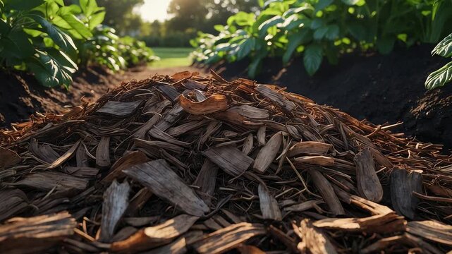 Pile of natural wood mulch chips placed between rows of green plants in a garden bed under sunlight for soil improvement and landscaping use