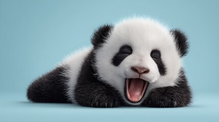 Fototapeta premium A playful baby panda lounging and yawning against a soft blue background.