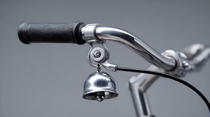 Close-up of a shiny bicycle handlebar with a classic silver bell, showcasing its sleek design and modern aesthetic.