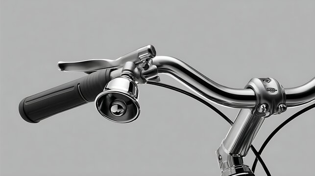 Close-up of a bicycle handlebar showcasing a shiny bell and textured grip against a neutral background.