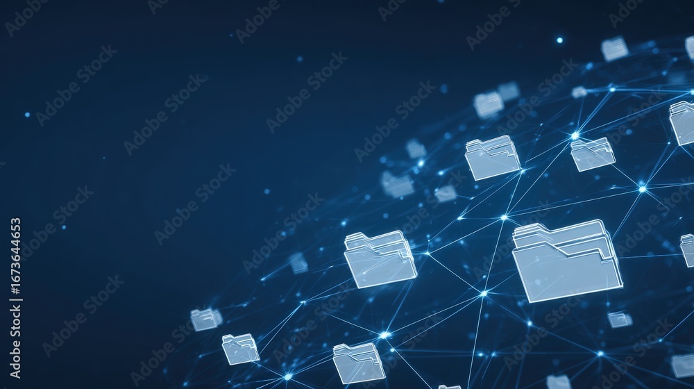 Poster abstract network grid with files and folders, futuristic software interface, digital document manage
