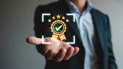 Quality Assurance A Hand Presenting a Seal of Approval with Stars and a Checkmark for Excellence
