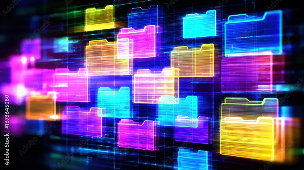 Poster abstract network grid with files and folders, futuristic software interface, digital document manage