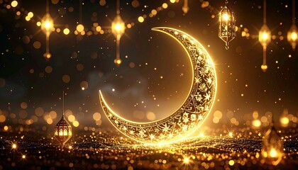 Abstract Eid Mubarak wallpaper with shimmering crescent patterns, geometric motifs, and glowing festive lights. 