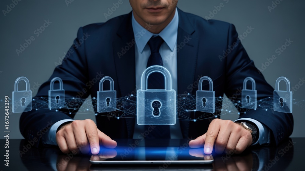 Poster cybersecurity protection businessman securing data with digital locks on tablet device for privacy