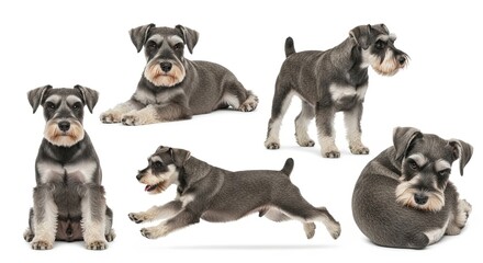 Obraz premium Miniature Schnauzer puppies in various playful poses on white background 