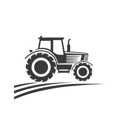 Dark grey tractor with large wheels on stylized plowed field agriculture farming