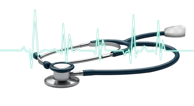 Stethoscope with heart rhythm visualization isolated PNG with Transparent Background