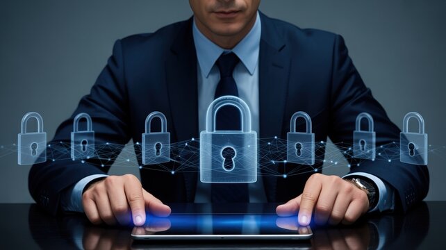 Cybersecurity Protection Businessman Securing Data with Digital Locks on Tablet Device for Privacy