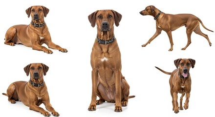 Rhodesian Ridgeback dog in various poses on white background  