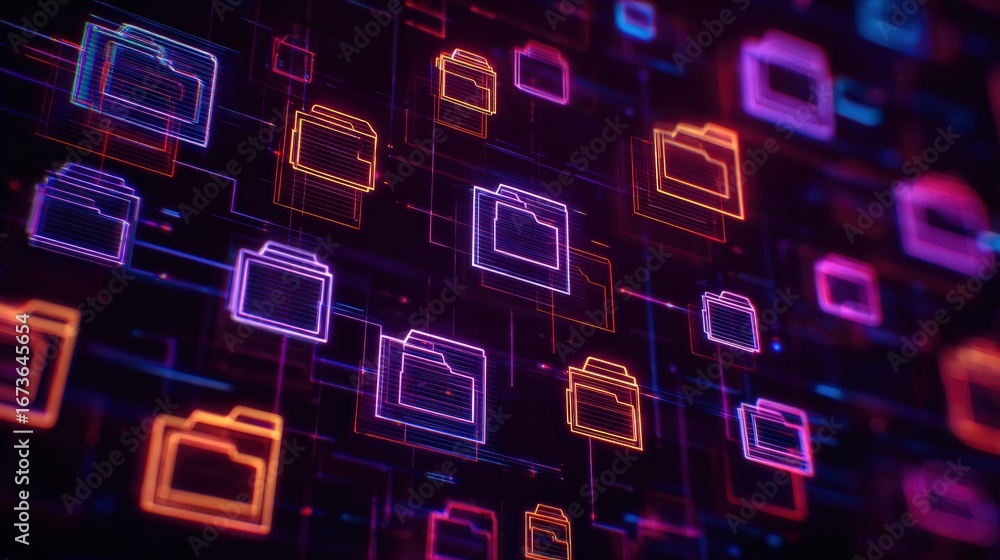 Poster abstract network grid with files and folders, futuristic software interface, digital document manage