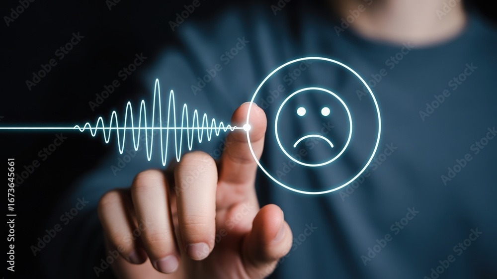 Poster negative feedback loop man interacting with digital interface displaying sad emoticon and signal wav