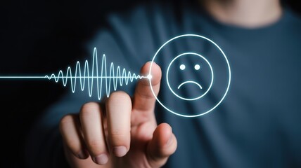 Negative Feedback Loop Man Interacting with Digital Interface Displaying Sad Emoticon and Signal Wave