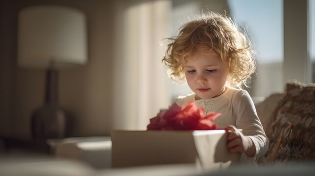 Young child opening gift box with red ribbon in bright home  