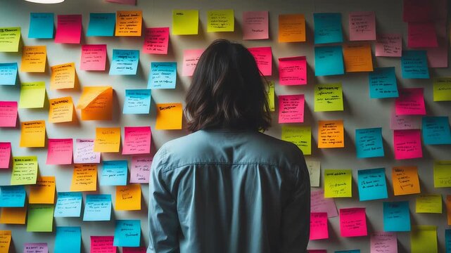 Person Standing in Front of Colorful Sticky Notes on Wall for Creative Planning and Idea Organization in Modern Workspace