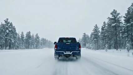 Blue pickup truck driving on snowy winter road in forest 

