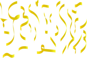 Golden confetti and serpentine ribbons falling against a white background, creating a festive and celebratory atmosphere.