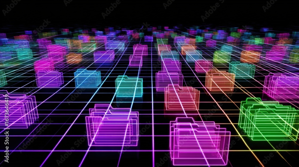 Poster abstract network grid with files and folders, futuristic software interface, digital document manage