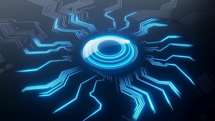 Futuristic technology interface with glowing blue circle energy source, this is abstract digital power button on circuit board central data hub for innovation system a powerful tech activation concept - Powered by Adobe