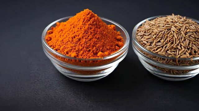 Vibrant Spices: Turmeric and Cumin in Glass Bowls