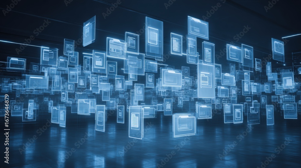 Poster abstract network grid with files and folders, futuristic software interface, digital document manage