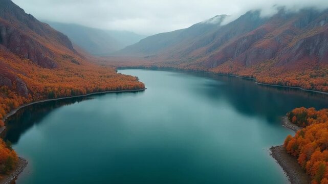 Bird's eye view of a mountain lake in autumn, mountain landscape. Red rock and green lake, fast flyover over water and coastline