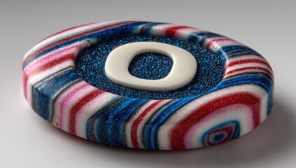 Circular, colorful, sculpted letter "O