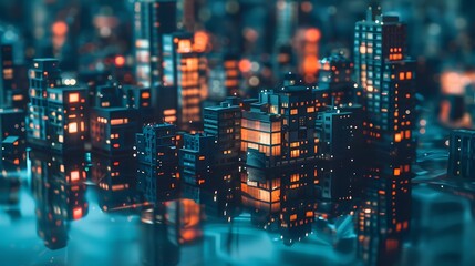 Naklejka premium Reflective Cityscape Still Life with Miniature Structures, Soft Natural Lighting, Minimalist Room, Surreal Artistic Atmosphere, Photorealistic Aesthetic