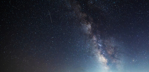 Beautiful bright Milky Way galaxy on the starry sky.  Night sky astronomical background. 