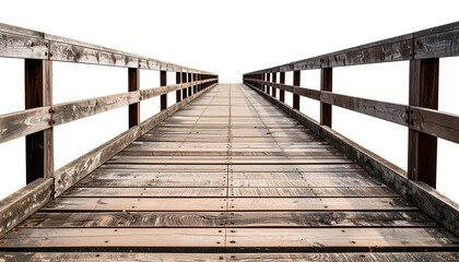 Perspective view of a long rustic wooden bridge isolated on a white background.