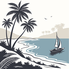 Idyllic tropical beach scene with palm trees and a sailboat on the blue ocean water