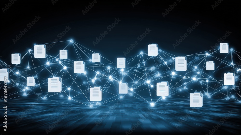 Poster abstract network grid with files and folders, futuristic software interface, digital document manage